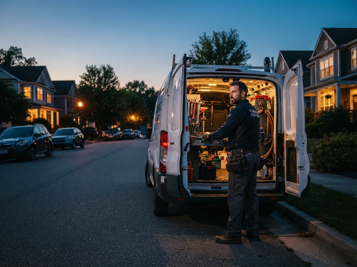 Priority Plumbing professional on a residential job site at twilight