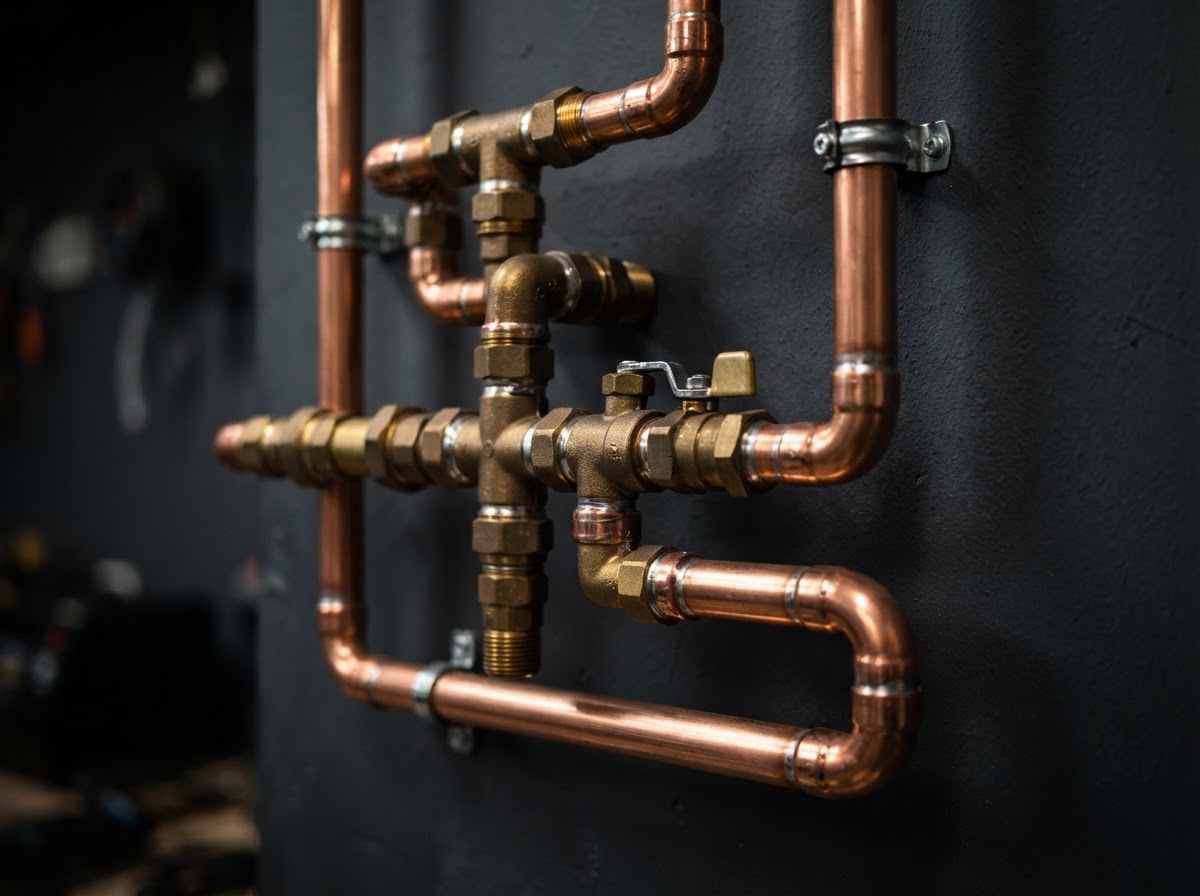 Close-up of copper pipes and brass fittings representing professional plumbing craftsmanship